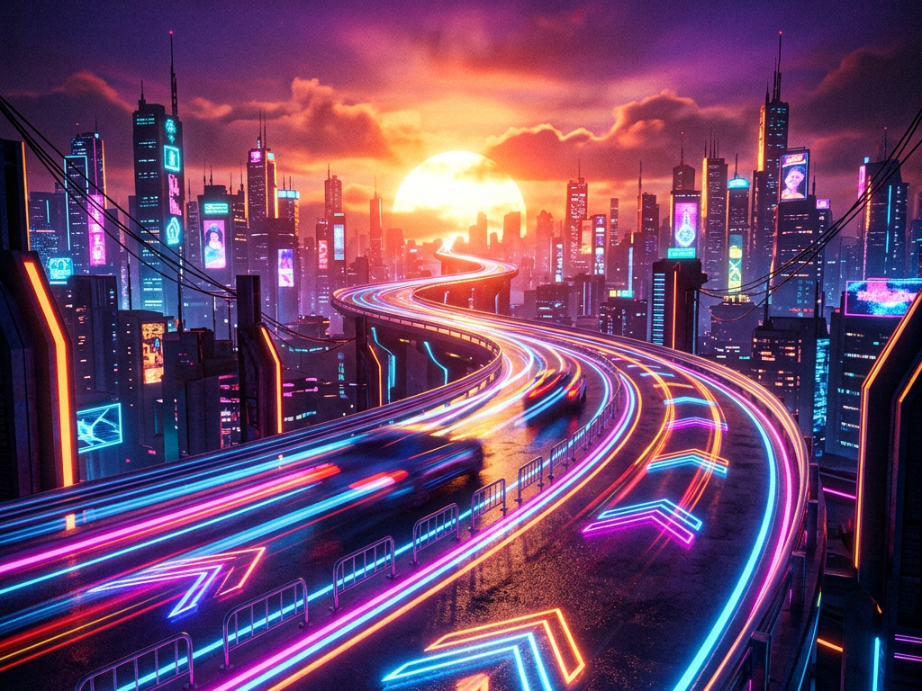 Curved neon-lit highway with glowing arrows passing through a futuristic city skyline at sunset