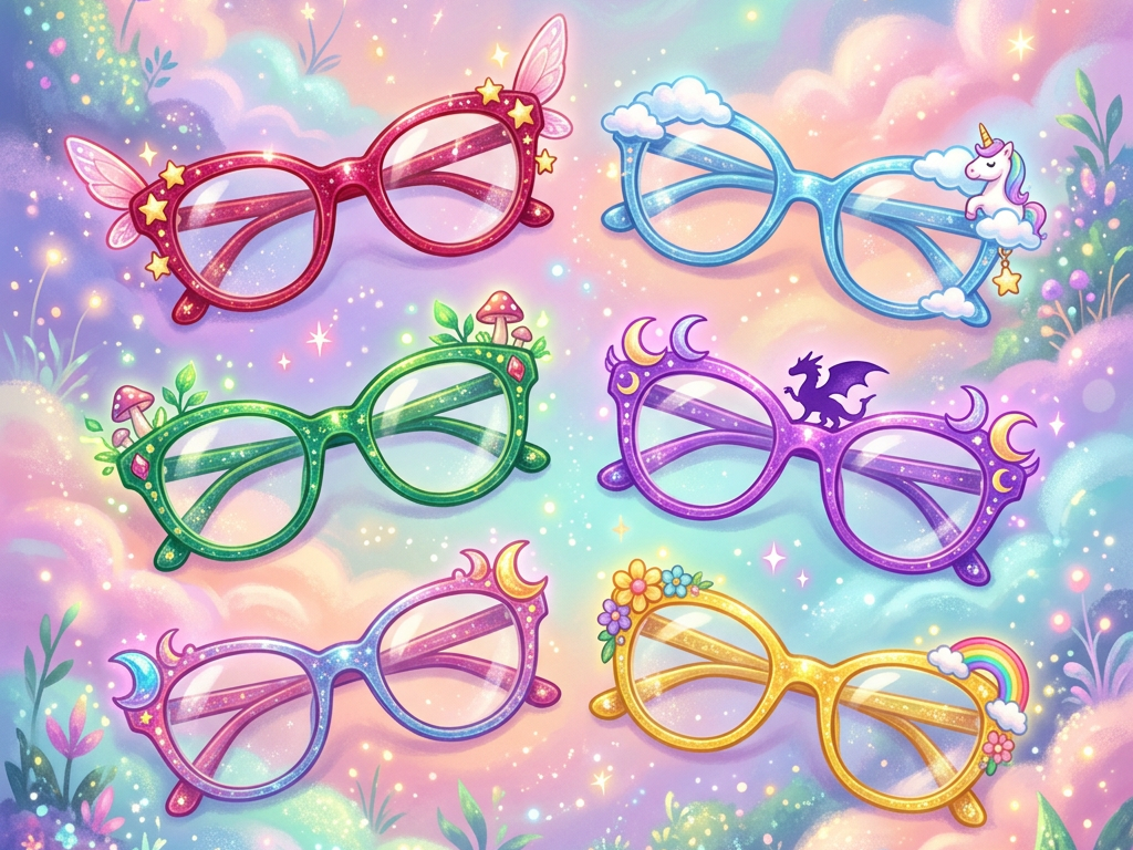 Six pairs of colorful eyeglass frames with fantasy-themed decorations including stars, wings, clouds, a unicorn, mushrooms, a dragon, moons, flowers, and a rainbow.